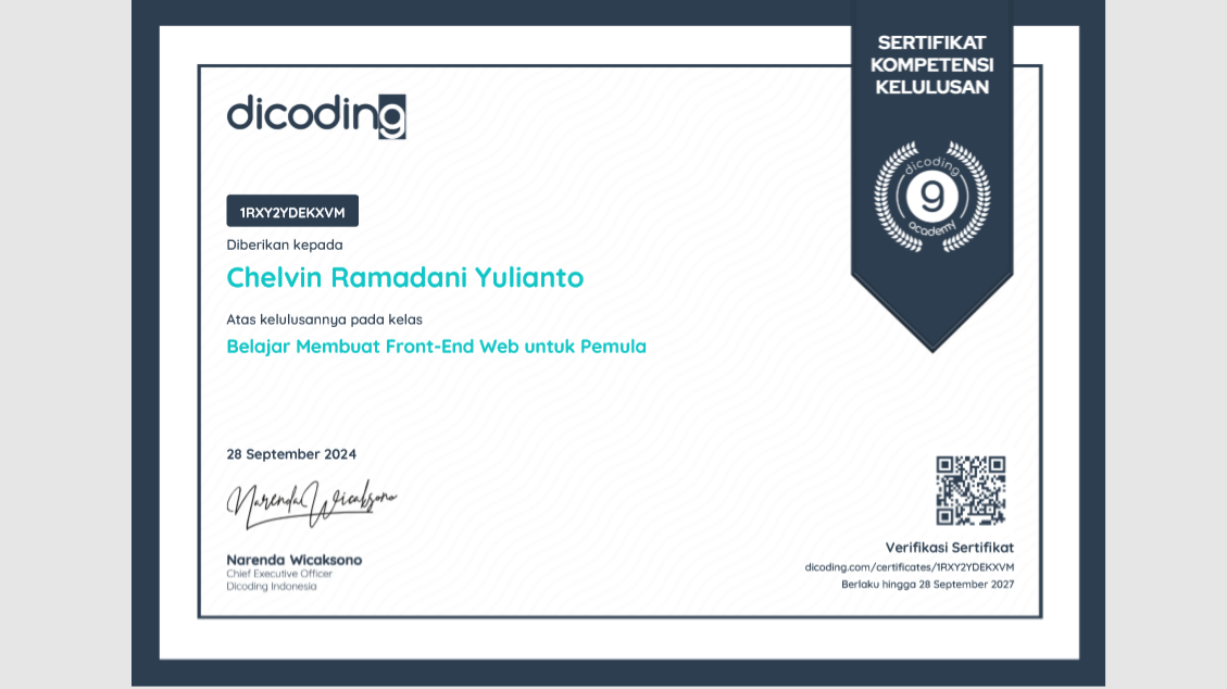 Sertifikat Dicoding Frontend Web untuk pemula